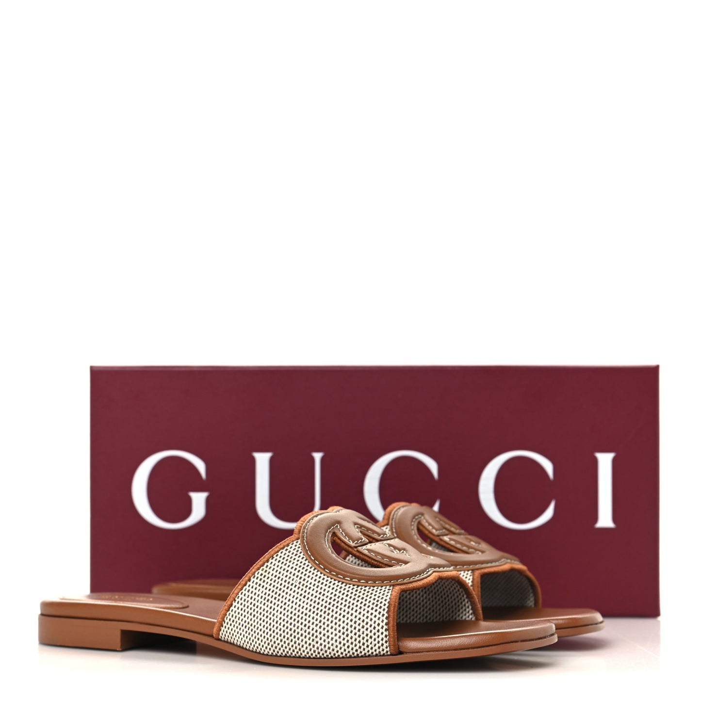 Canvas Rice Cosmos Softy Calfskin Interlocking G Cut Out Slide Sandals 38 Brown Natural Sundial