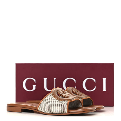 Gucci Canvas Rice Cosmos Softy Calfskin Interlocking G Cut Out Slide Sandals 38 Brown Natural Sundial 9 of 9
