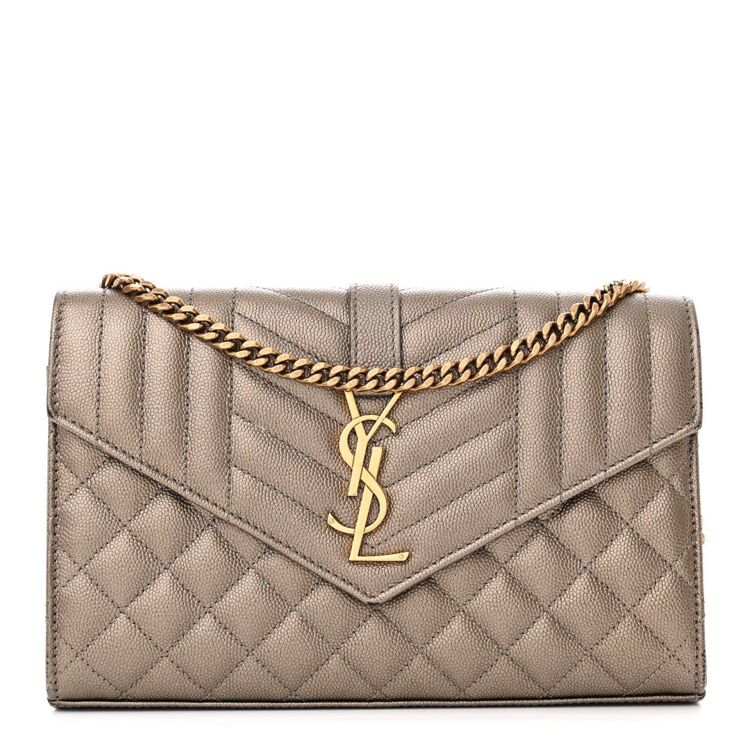 Saint Laurent Metallic Grain De Poudre Mixed Matelasse Triquilt Monogram Chain Wallet Piombo 1 of 14