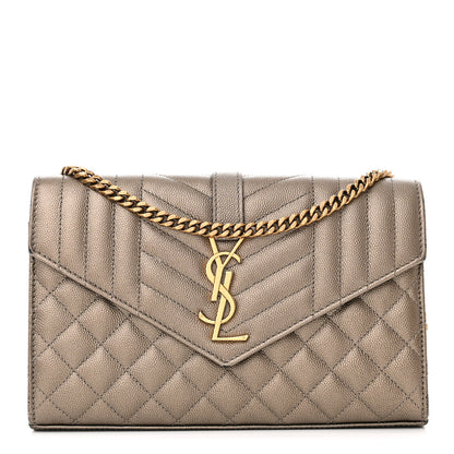 Saint Laurent Metallic Grain De Poudre Mixed Matelasse Triquilt Monogram Chain Wallet Piombo 1 of 14