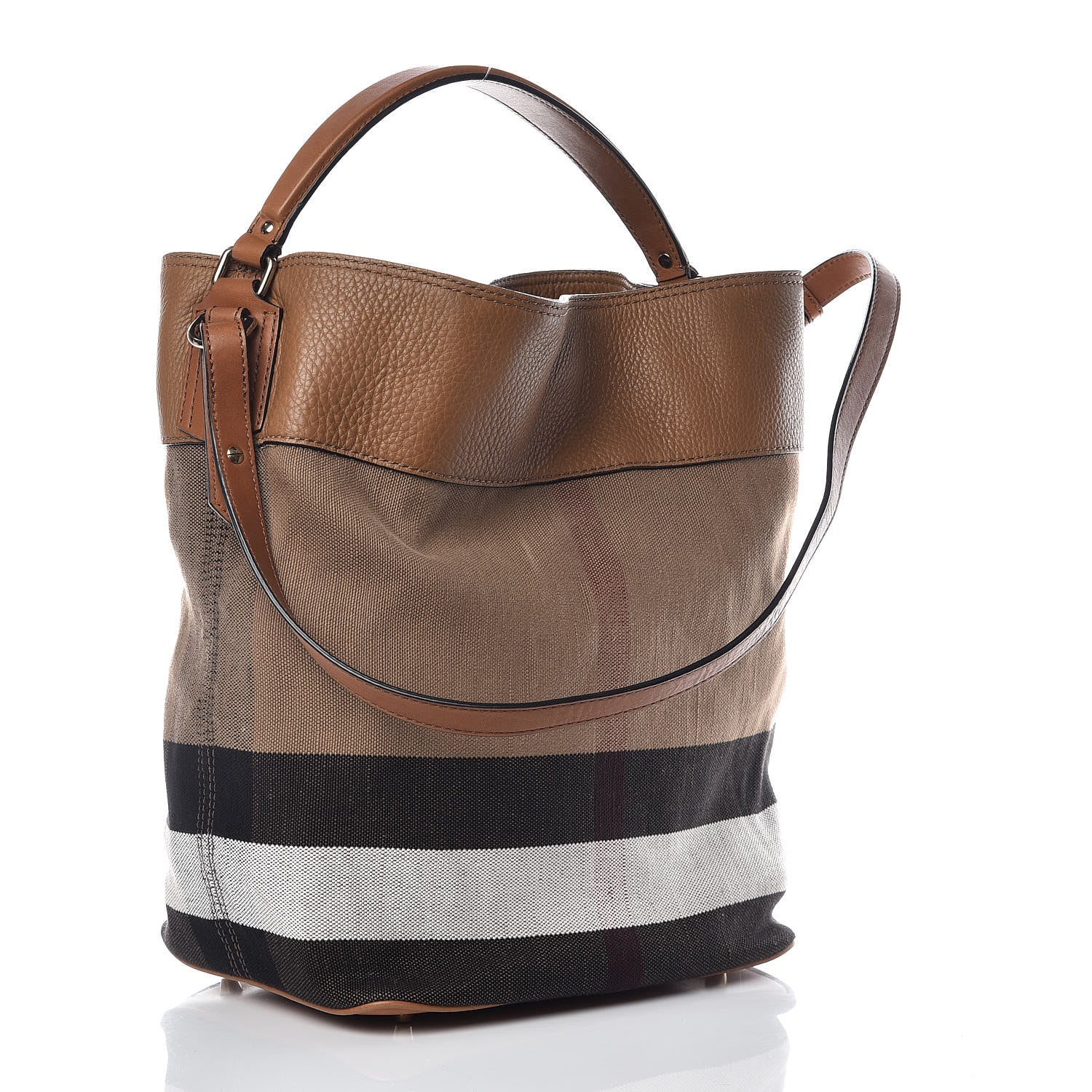 Burberry Grainy Calfskin Canvas Mega Check Medium Ashby Tassel Hobo Saddle Brown 3 of 14