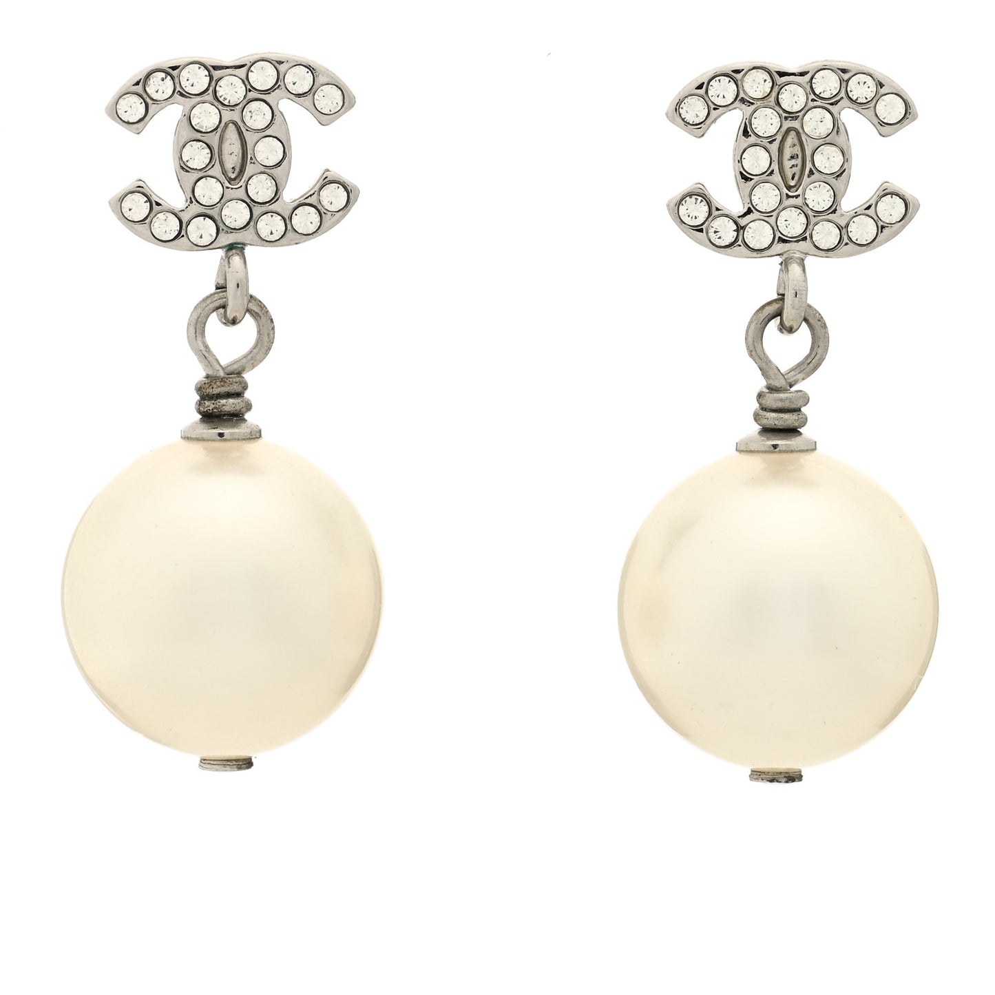 Crystal Pearl CC Drop Earrings Silver Pearly White