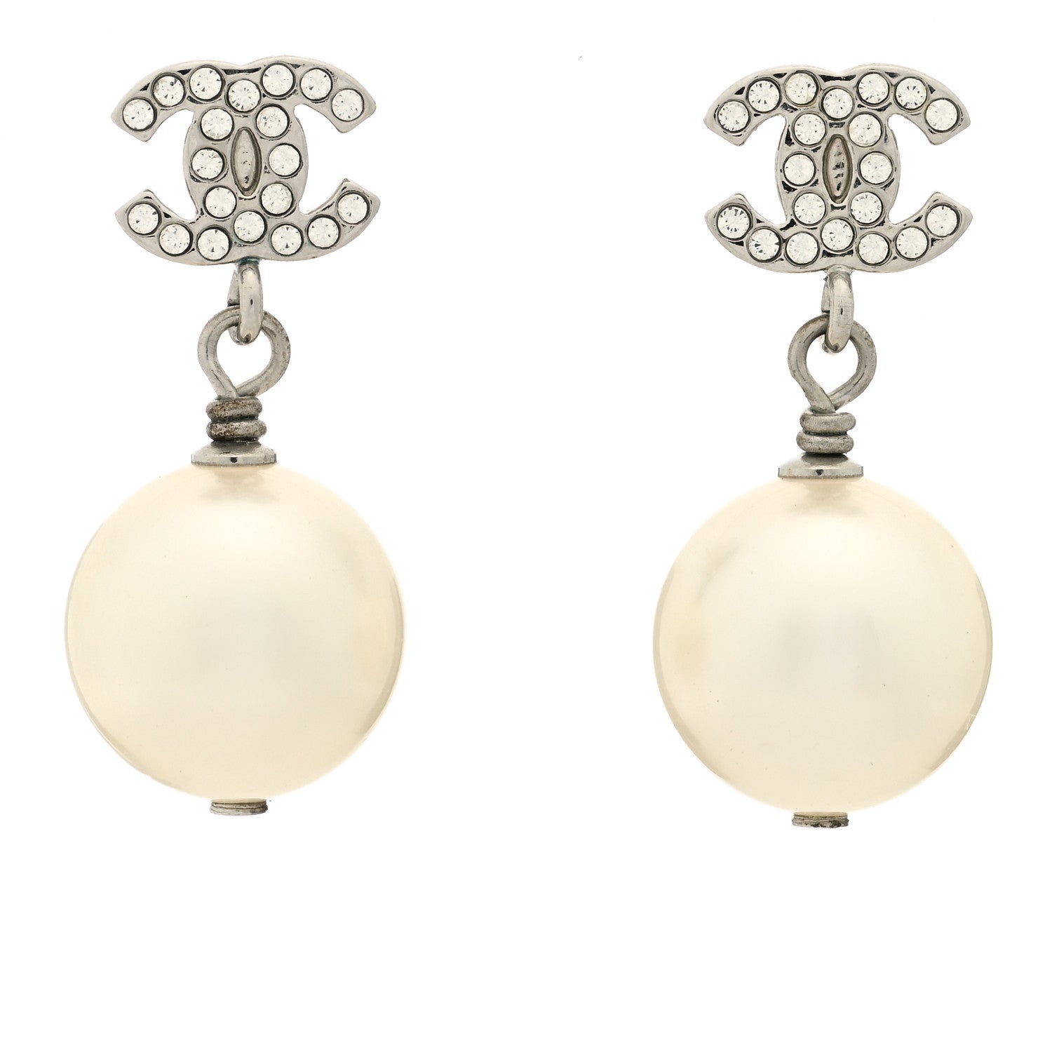 Chanel Crystal Pearl CC Drop Earrings Silver Pearly White 1 of 3