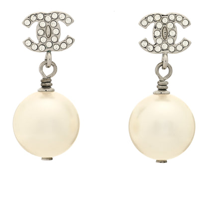 Chanel Crystal Pearl CC Drop Earrings Silver Pearly White 1 of 3