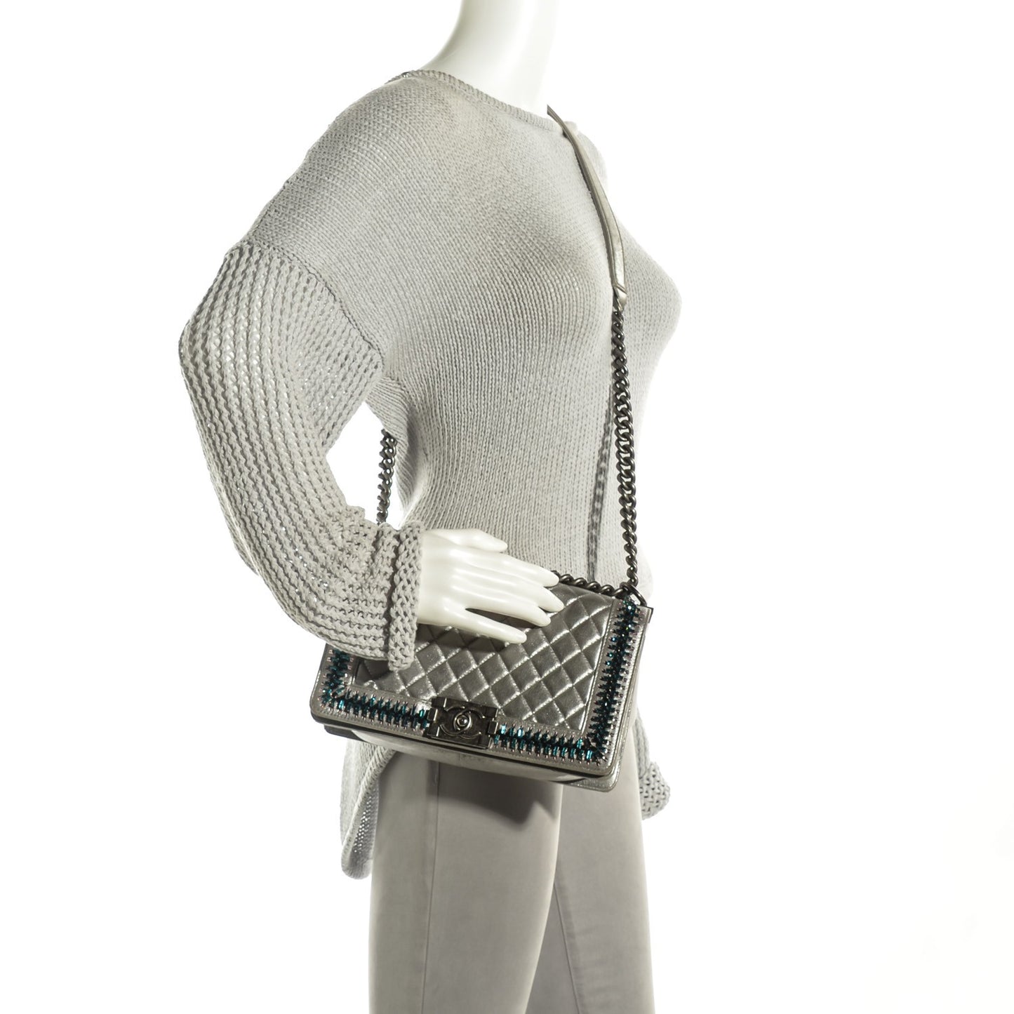 Lambskin Embellished Medium Boy Flap Silver