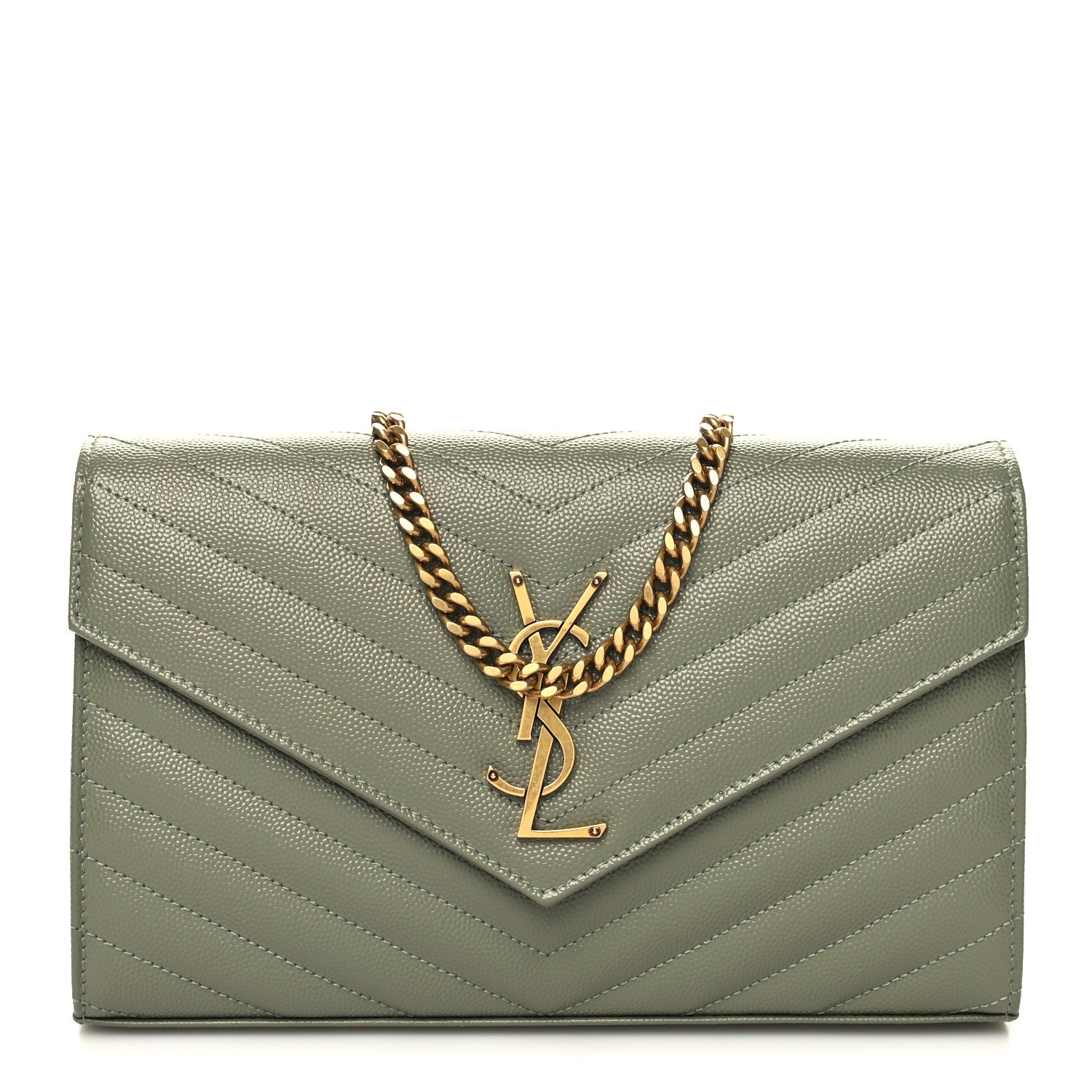 Saint Laurent Grain De Poudre Matelasse Chevron Monogram Chain Wallet Light Sage 1 of 11