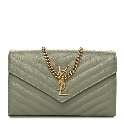 Saint Laurent Grain De Poudre Matelasse Chevron Monogram Chain Wallet Light Sage 1 of 11