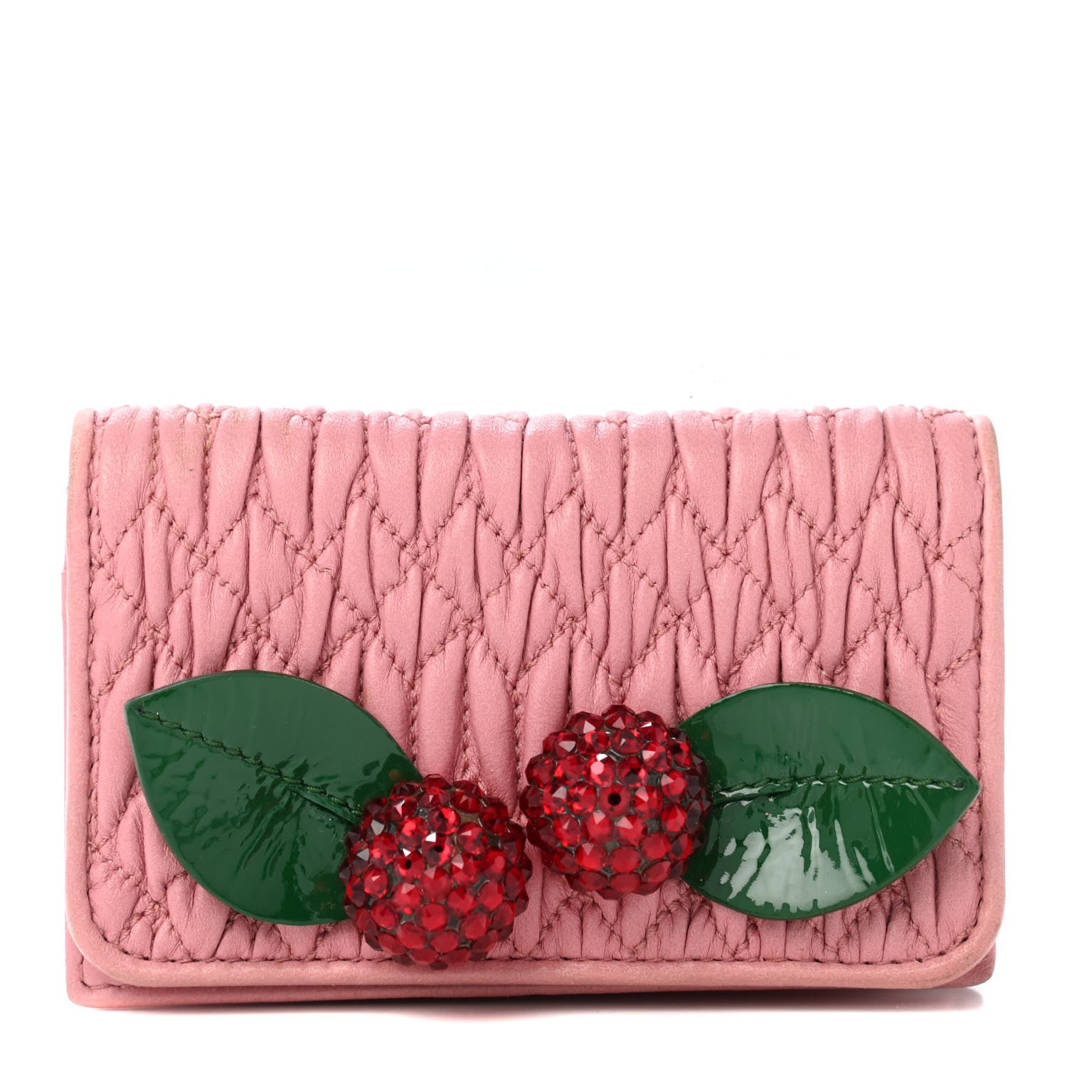 Miu Miu Nappa Matelasse Crystal Cherry Compact Wallet Rosa 1 of 4