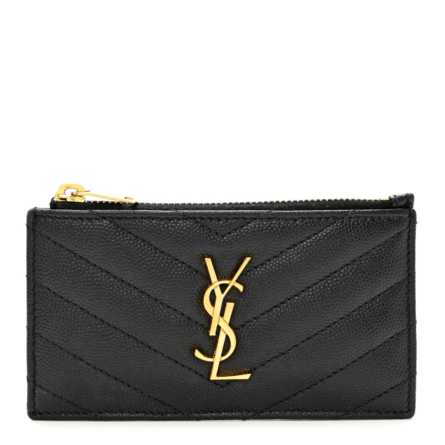 Saint Laurent Grain De Poudre Matelasse Chevron Monogram Fragments Zippered Card Case Black 1 of 6
