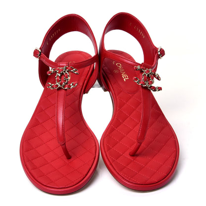 Chanel Lambskin Chain CC Logo Thong Sandals 38.5 Red 5 of 10