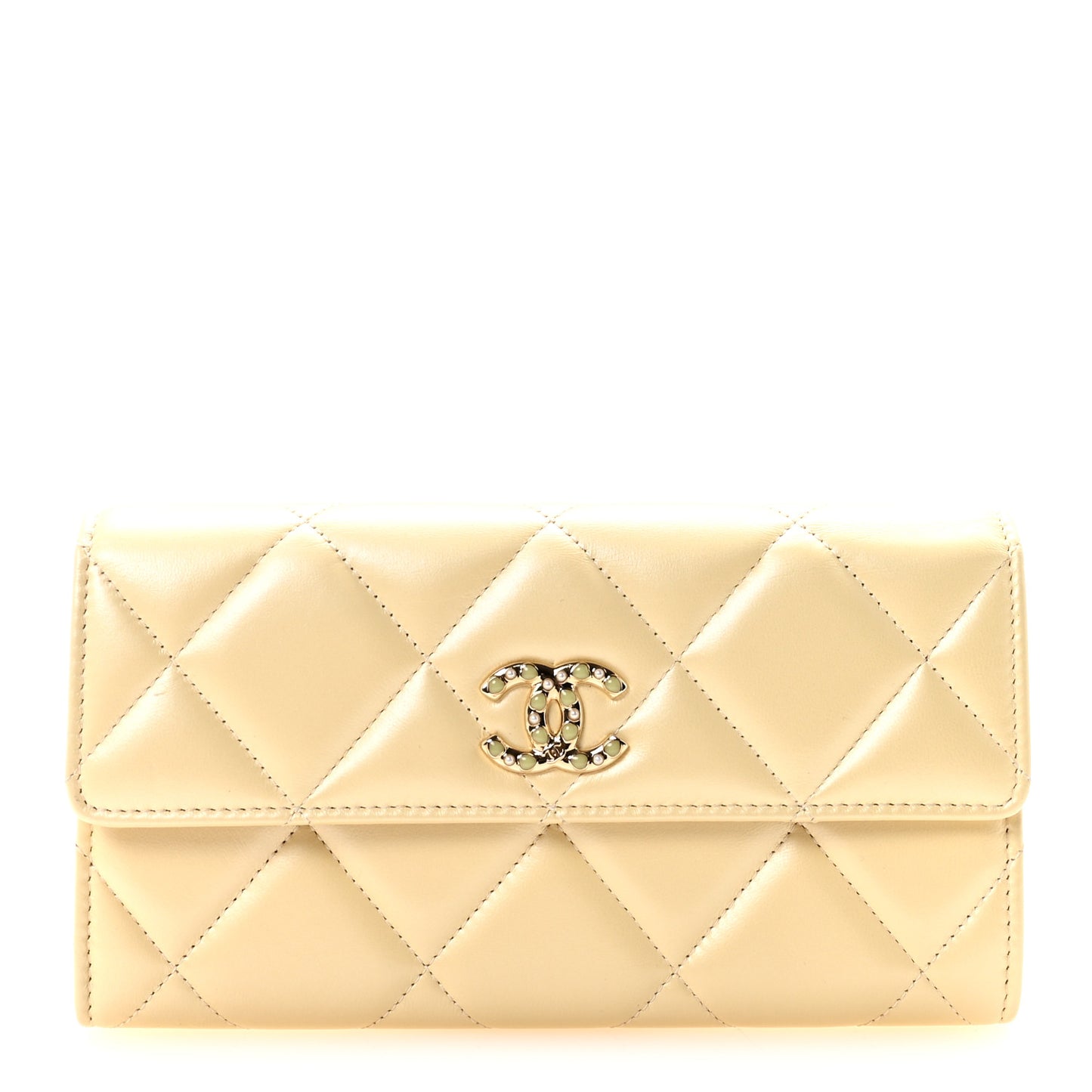 Iridescent Lambskin Quilted CC Flap Wallet Beige