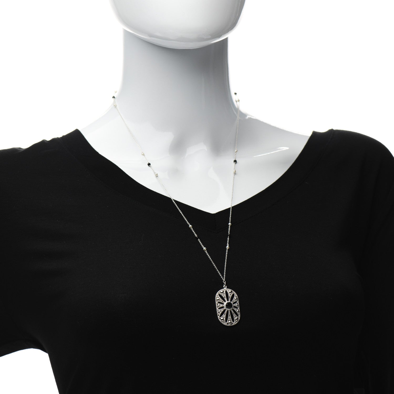 Tiffany Sterling Silver Black Onyx Pearl Ziegfeld Daisy Pendant Necklace 2 of 5
