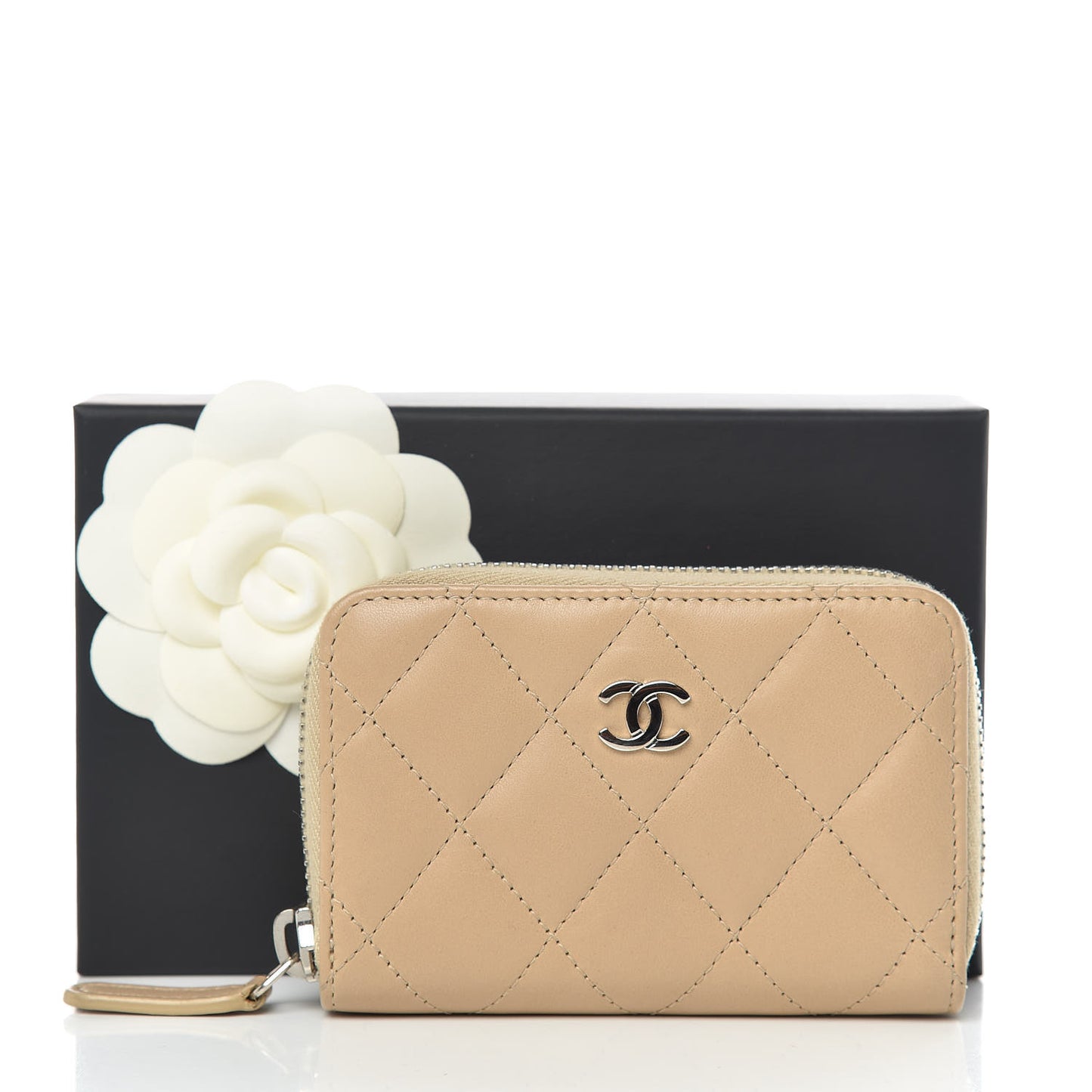 Lambskin Quilted Zip Coin Purse Wallet Beige