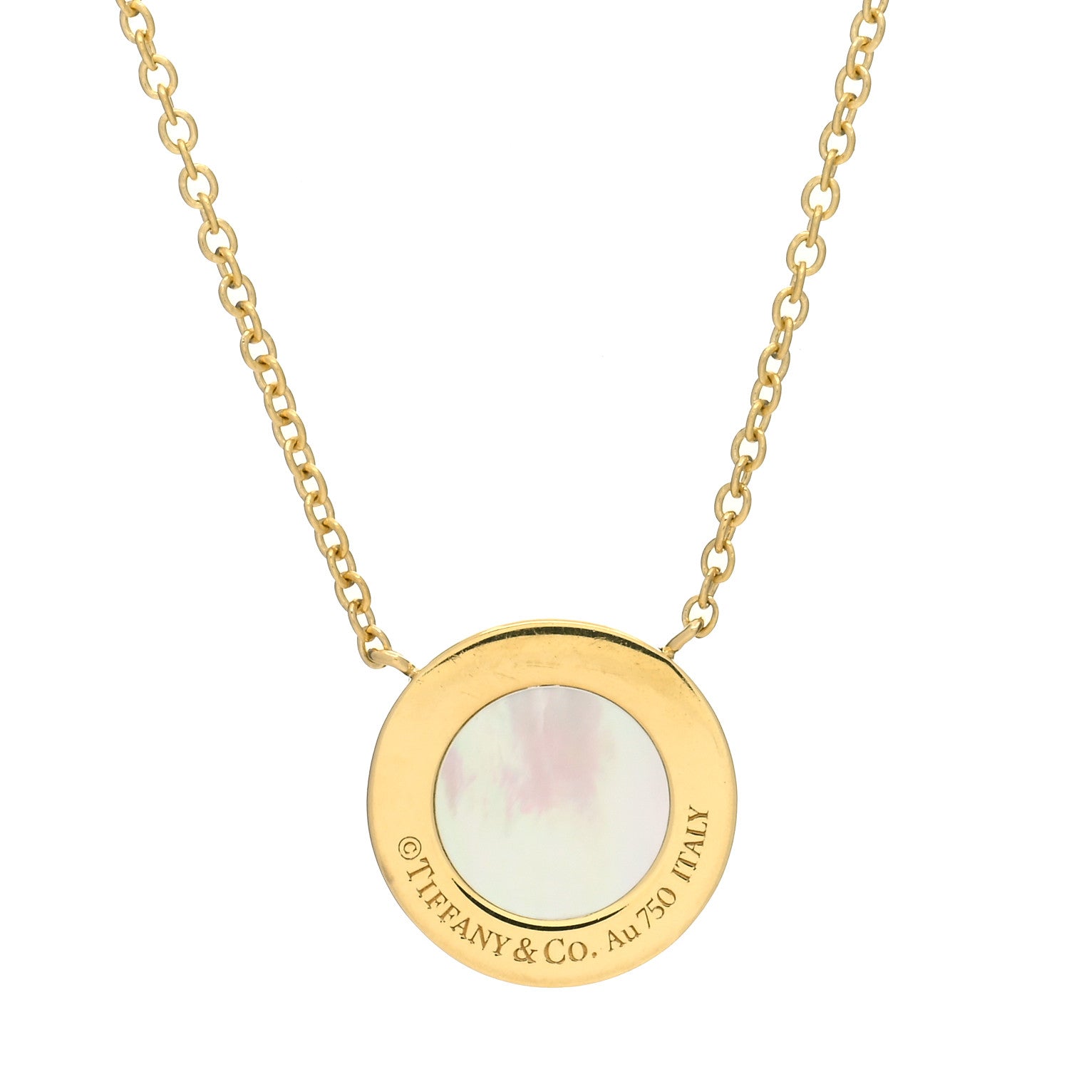 Tiffany 18K Yellow Gold Diamond Mother of Pearl Small T Circle Pendant Necklace 3 of 4
