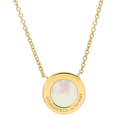Tiffany 18K Yellow Gold Diamond Mother of Pearl Small T Circle Pendant Necklace 3 of 4