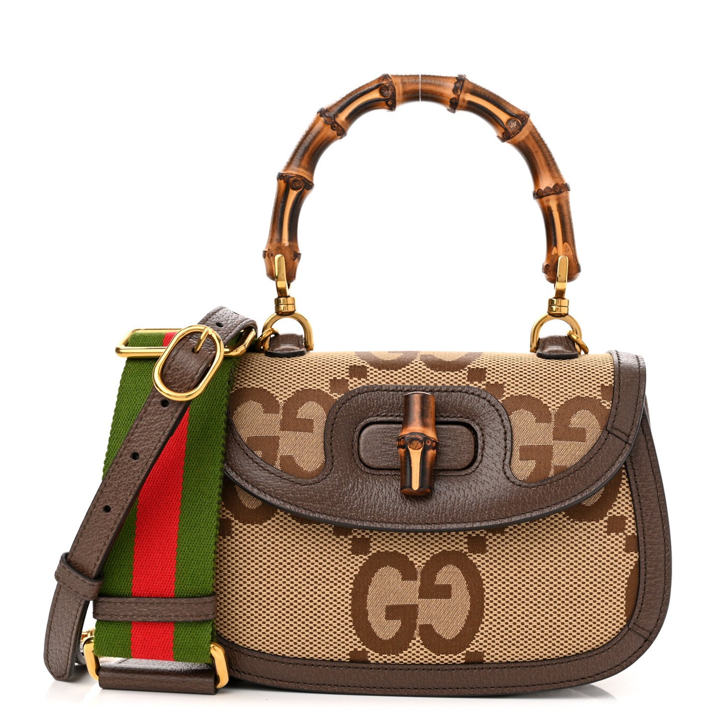 Monogram Jumbo GG Textured Dollar Calfskin Web Small Bamboo 1947 Top Handle Bag Camel Ebony New Acero
