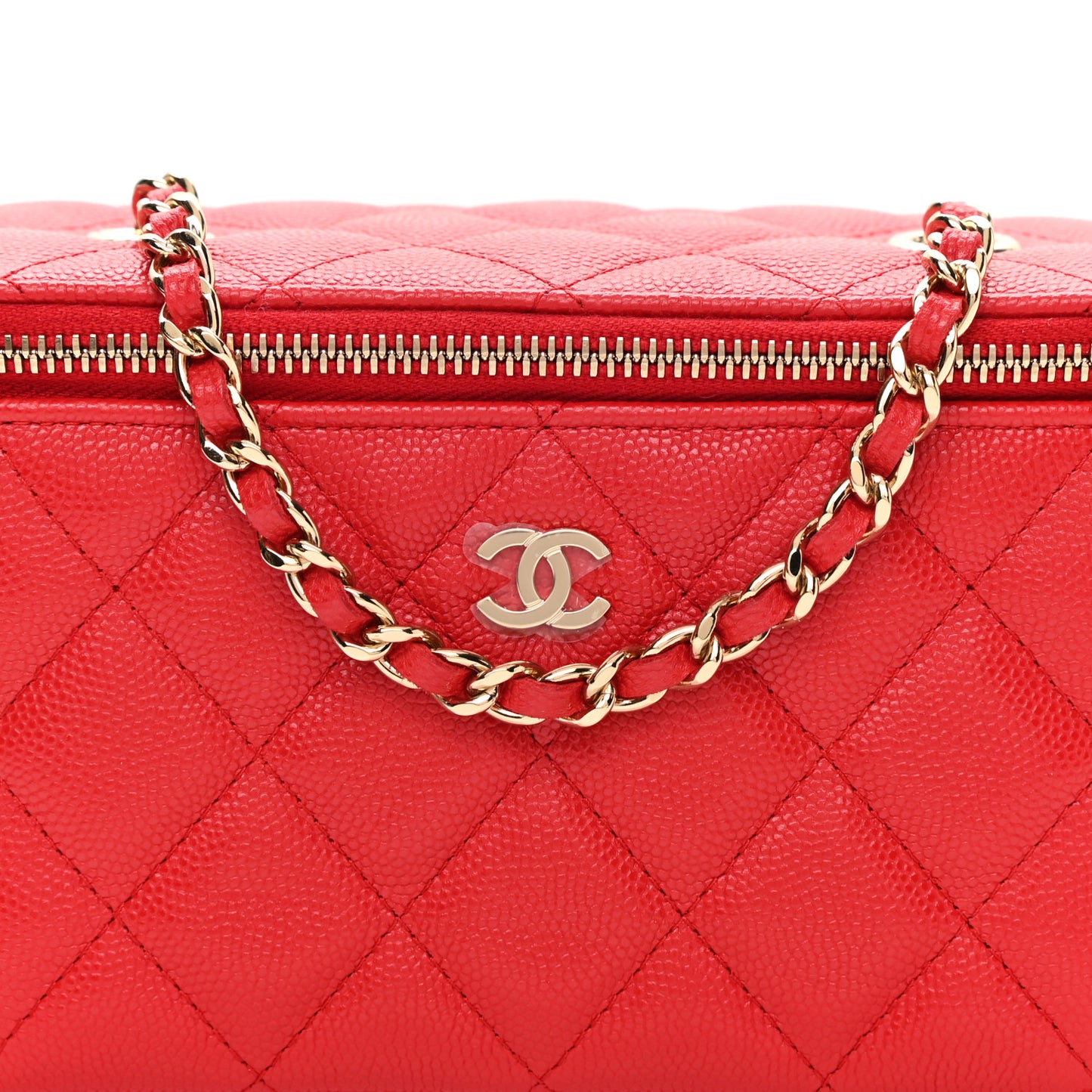 Caviar Quilted Small Vanity Case With Chain Red