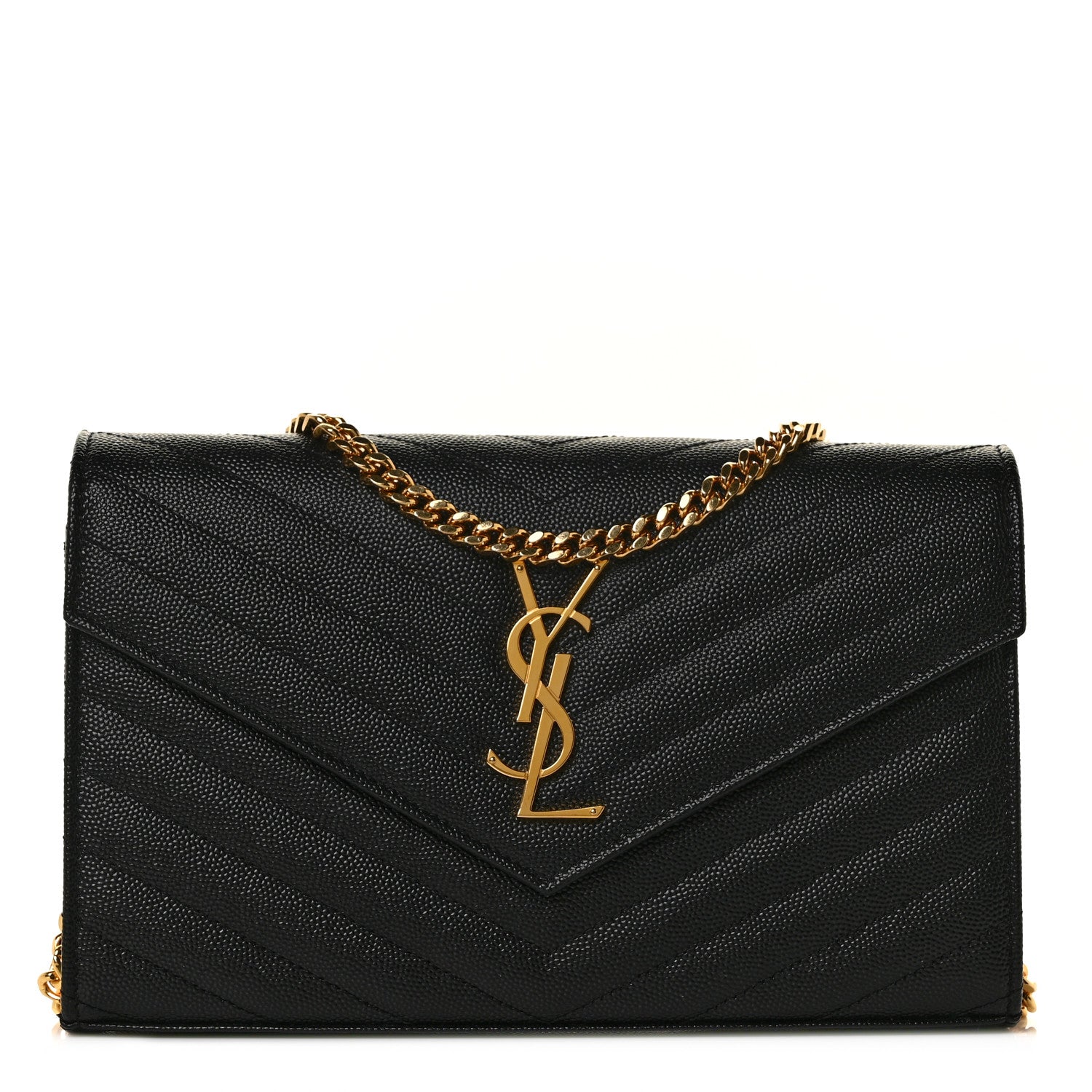 Saint Laurent Grain De Poudre Matelasse Chevron Monogram Chain Wallet Black 1 of 7