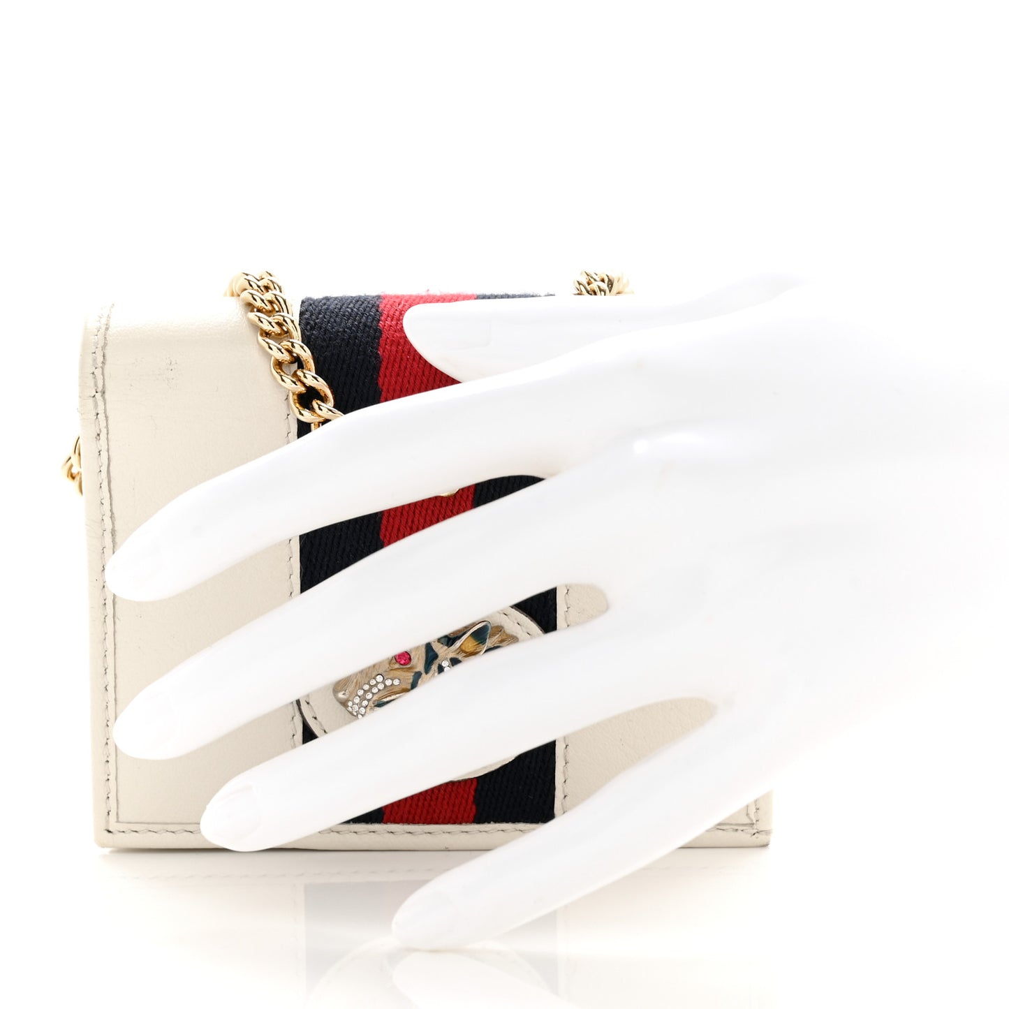 Calfskin Web Rajah Chain Card Case Wallet White