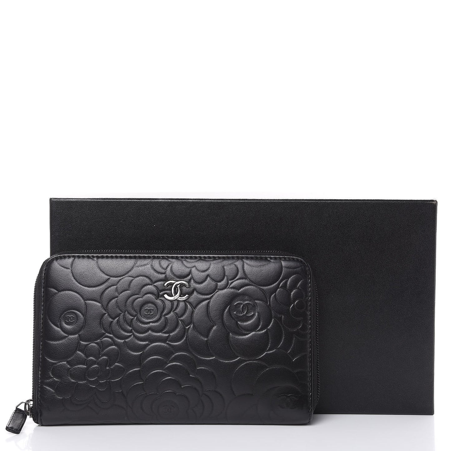 Lambskin Camellia Embossed Zip Around Organizer Wallet Black