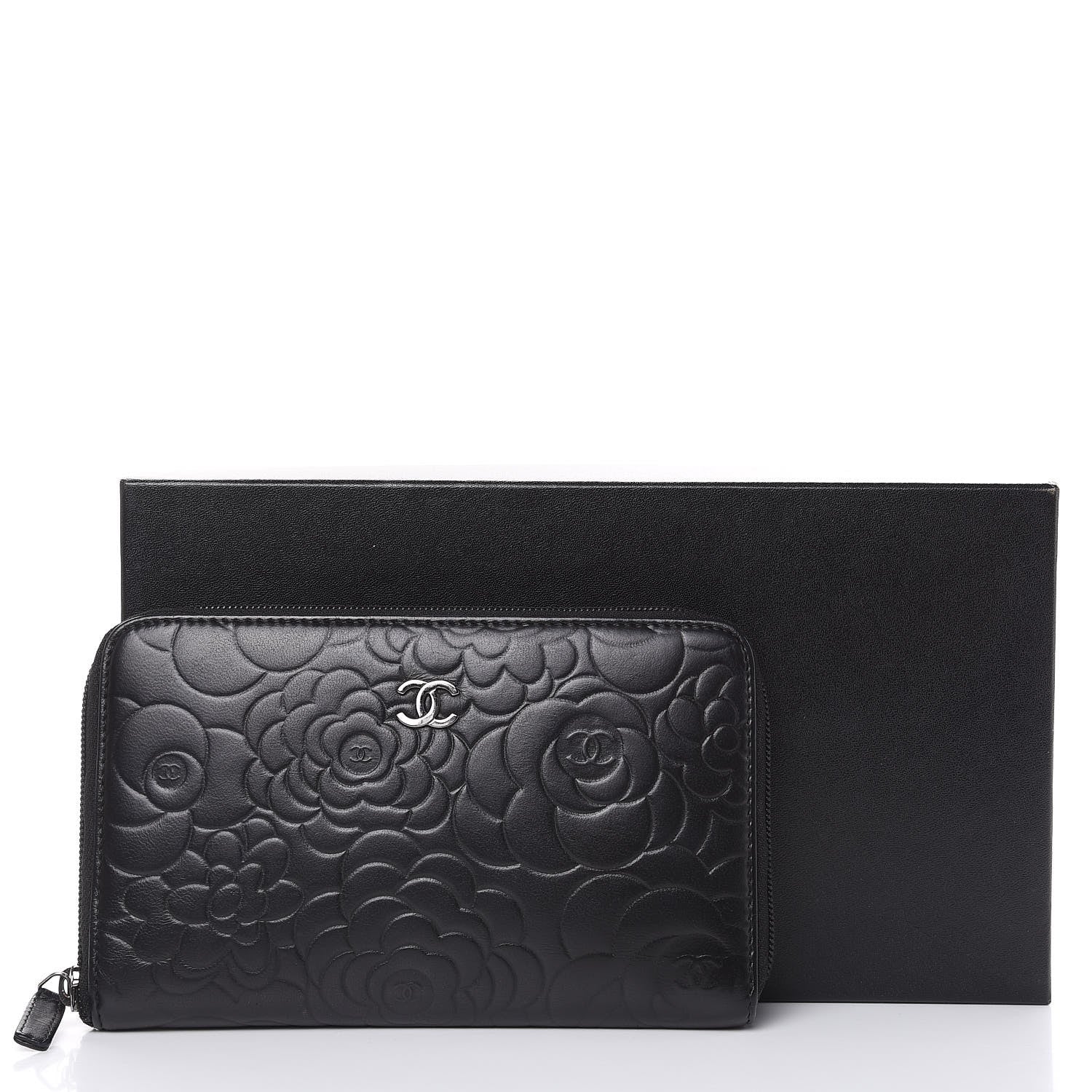 Chanel Lambskin Camellia Embossed Zip Around Organizer Wallet Black 15 of 15