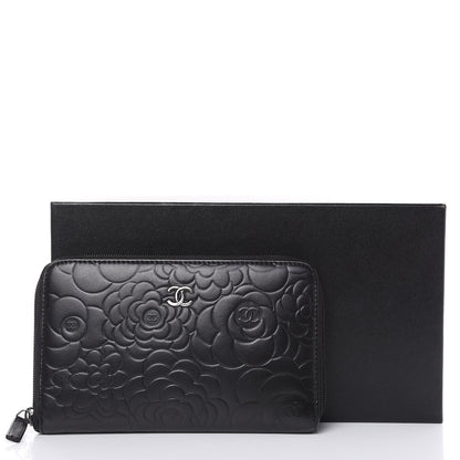 Chanel Lambskin Camellia Embossed Zip Around Organizer Wallet Black 15 of 15