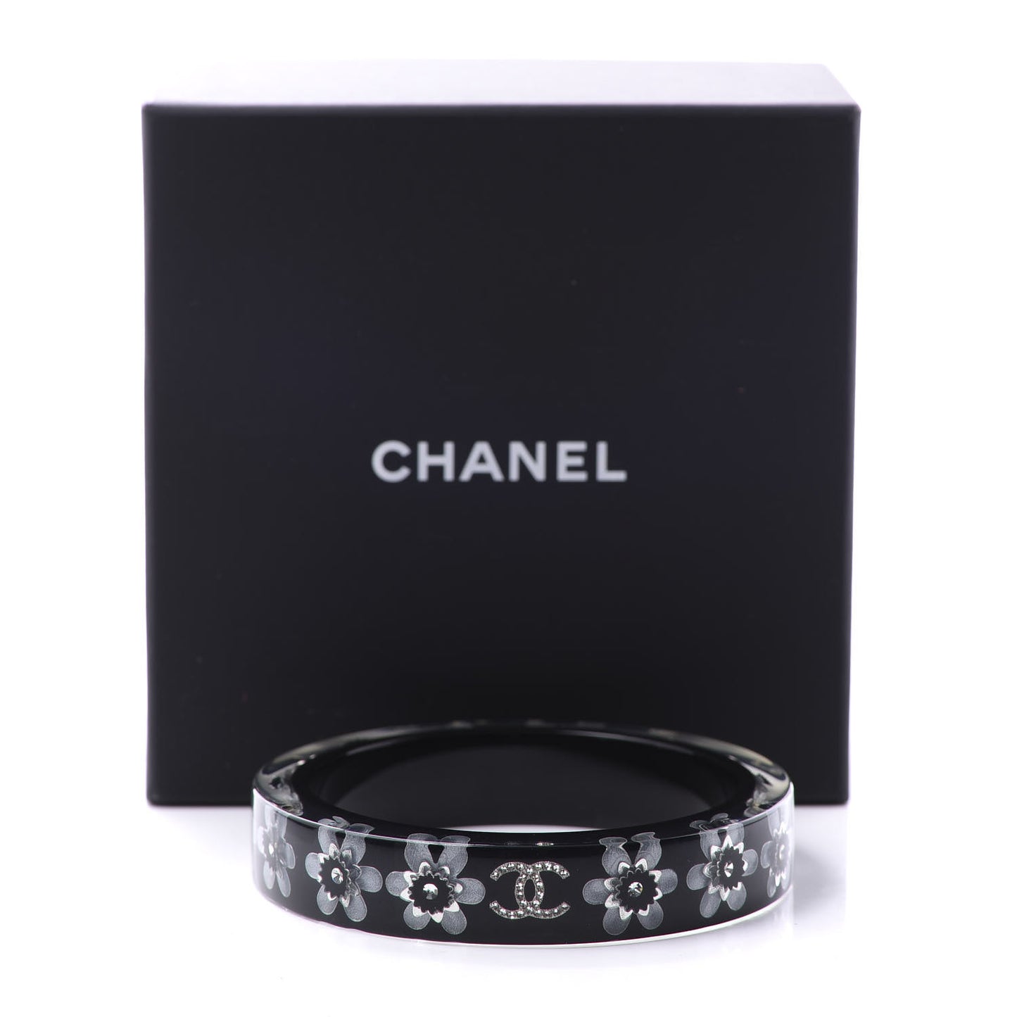Resin Crystal CC Floral Bangle Bracelet Black