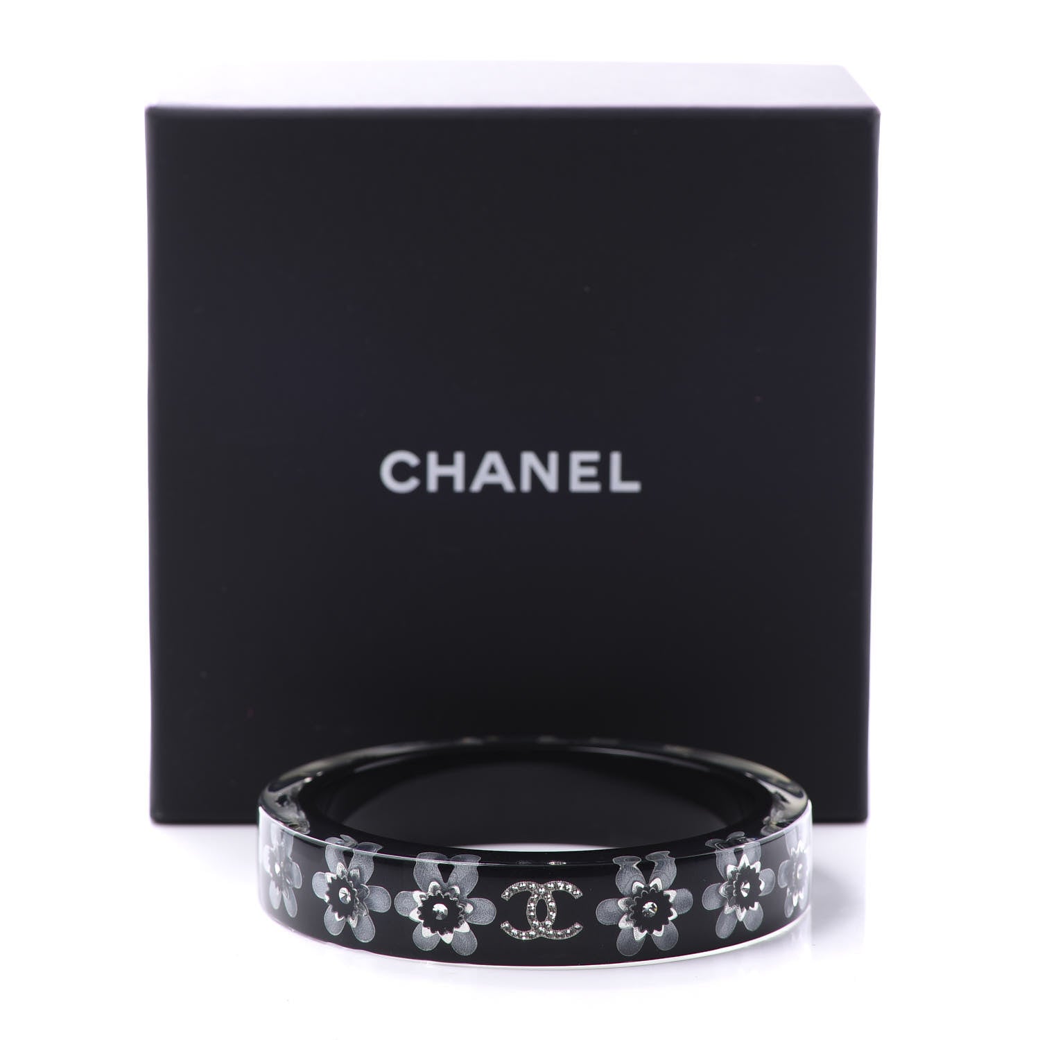 Chanel Resin Crystal CC Floral Bangle Bracelet Black 6 of 8