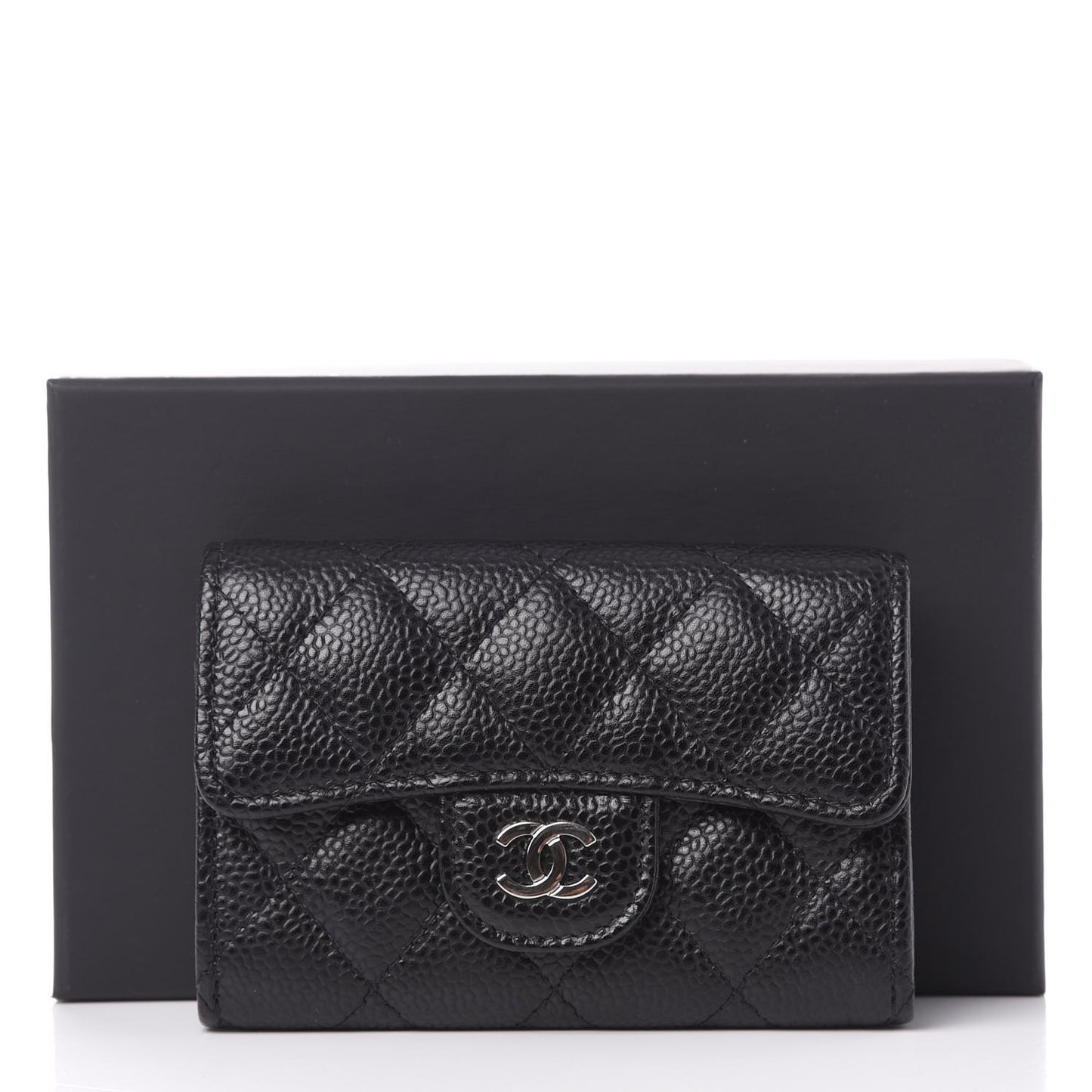 Caviar Quilted Flap Card Holder Wallet Black
