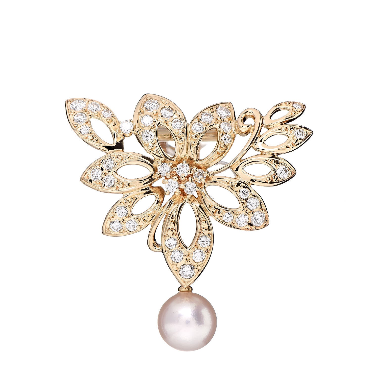 Mikimoto 18K Yellow Gold Diamond Akoya Pearl Flower Brooch Clip 1 of 4