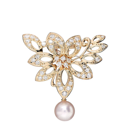 Mikimoto 18K Yellow Gold Diamond Akoya Pearl Flower Brooch Clip 1 of 4