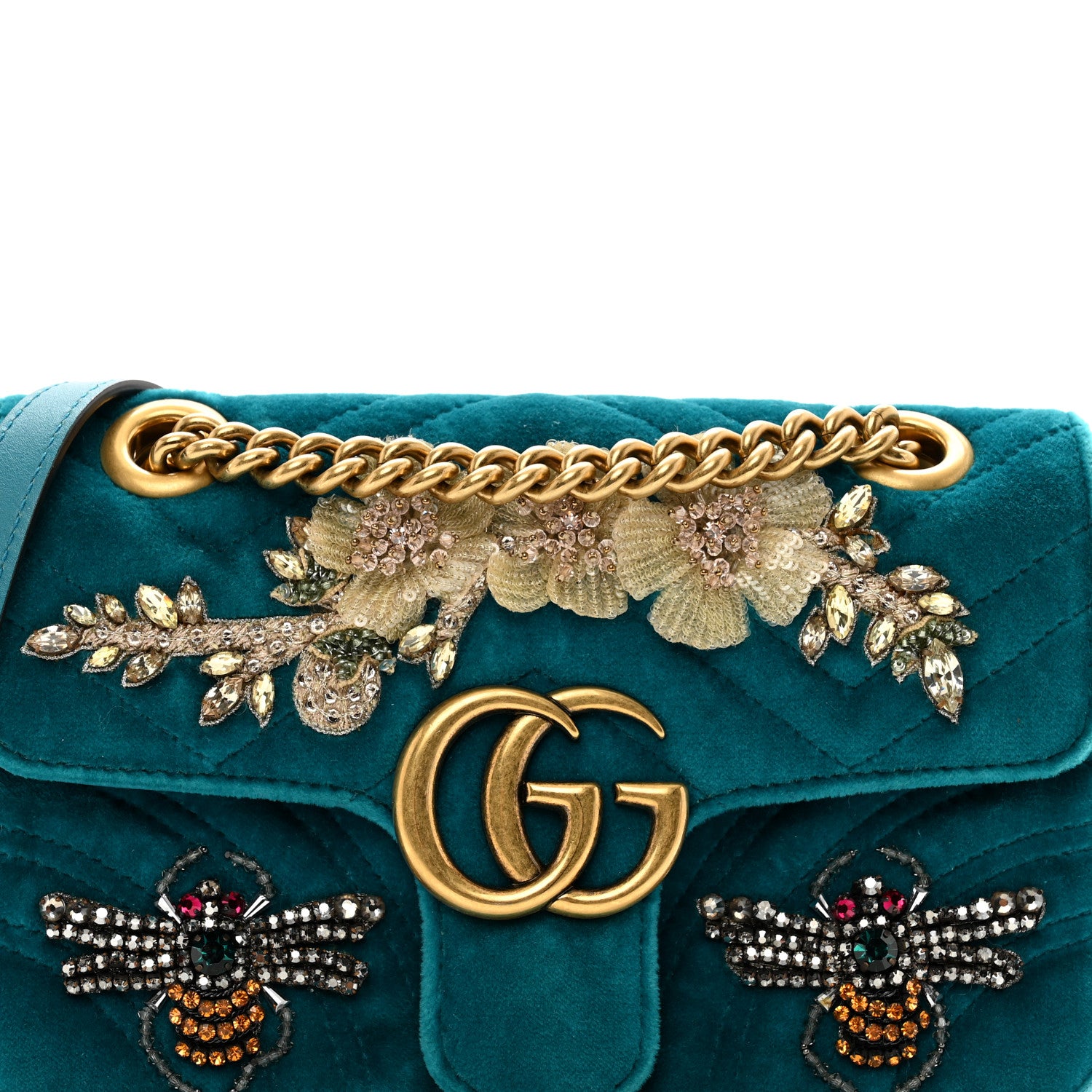 Gucci Velvet Matelasse Embroidered Mini GG Marmont Shoulder Bag Pavone Cyan 5 of 10