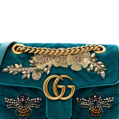 Gucci Velvet Matelasse Embroidered Mini GG Marmont Shoulder Bag Pavone Cyan 5 of 10