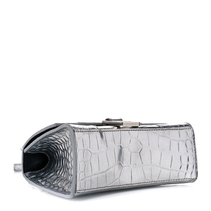 Balenciaga Metallic Calfskin Crocodile Embossed Hourglass Top Handle Bag XS Silver 4 of 14