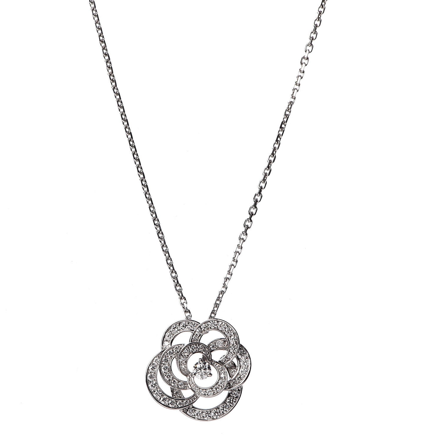 18K White Gold Diamond Small Camelia Pendant Necklace