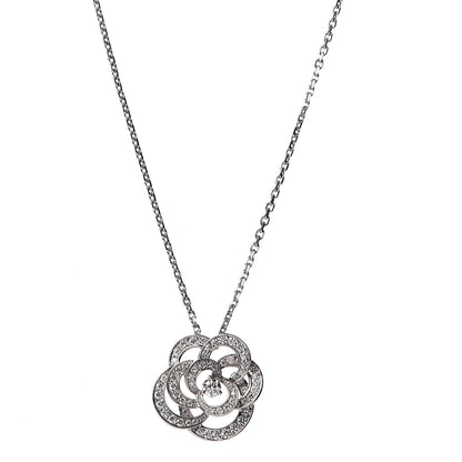 Chanel 18K White Gold Diamond Small Camelia Pendant Necklace 2 of 10