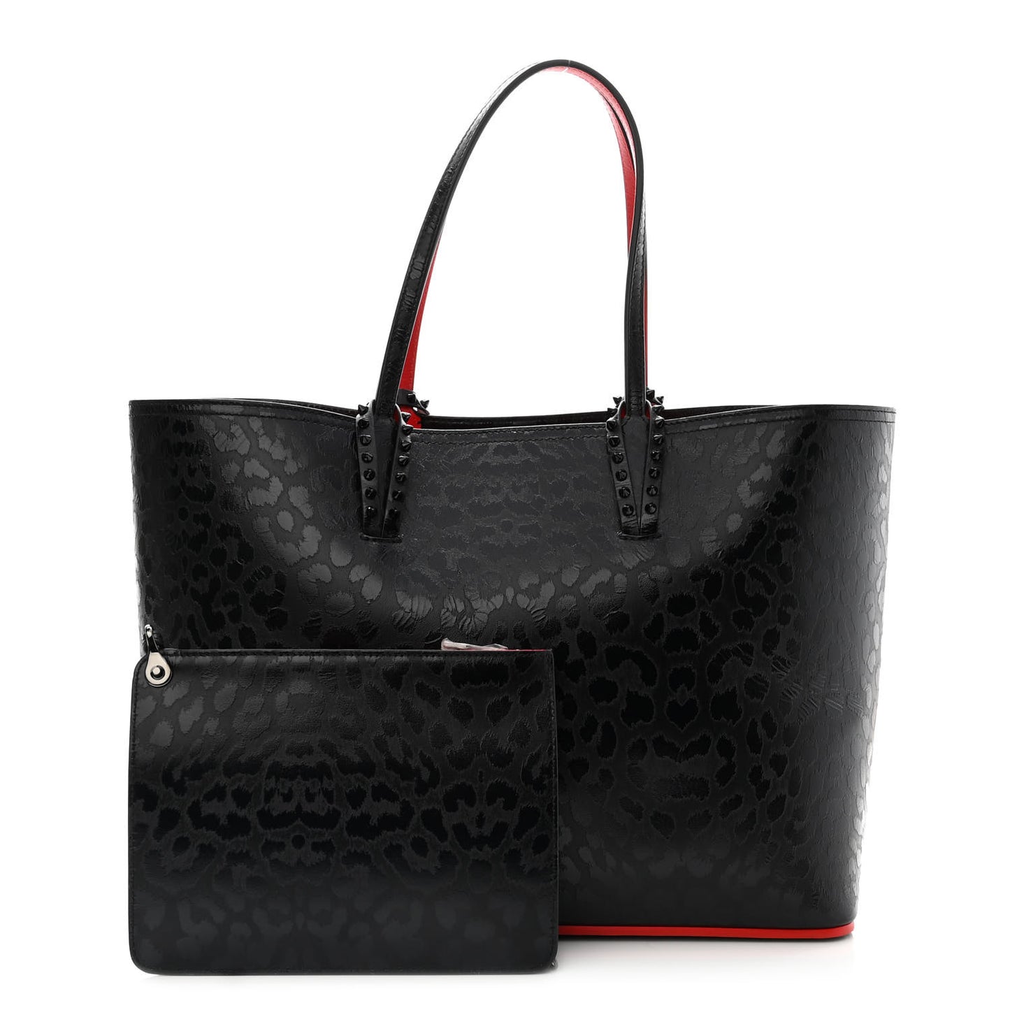 Patent Calfskin Leopard Print Spikes East West Cabata Tote Black