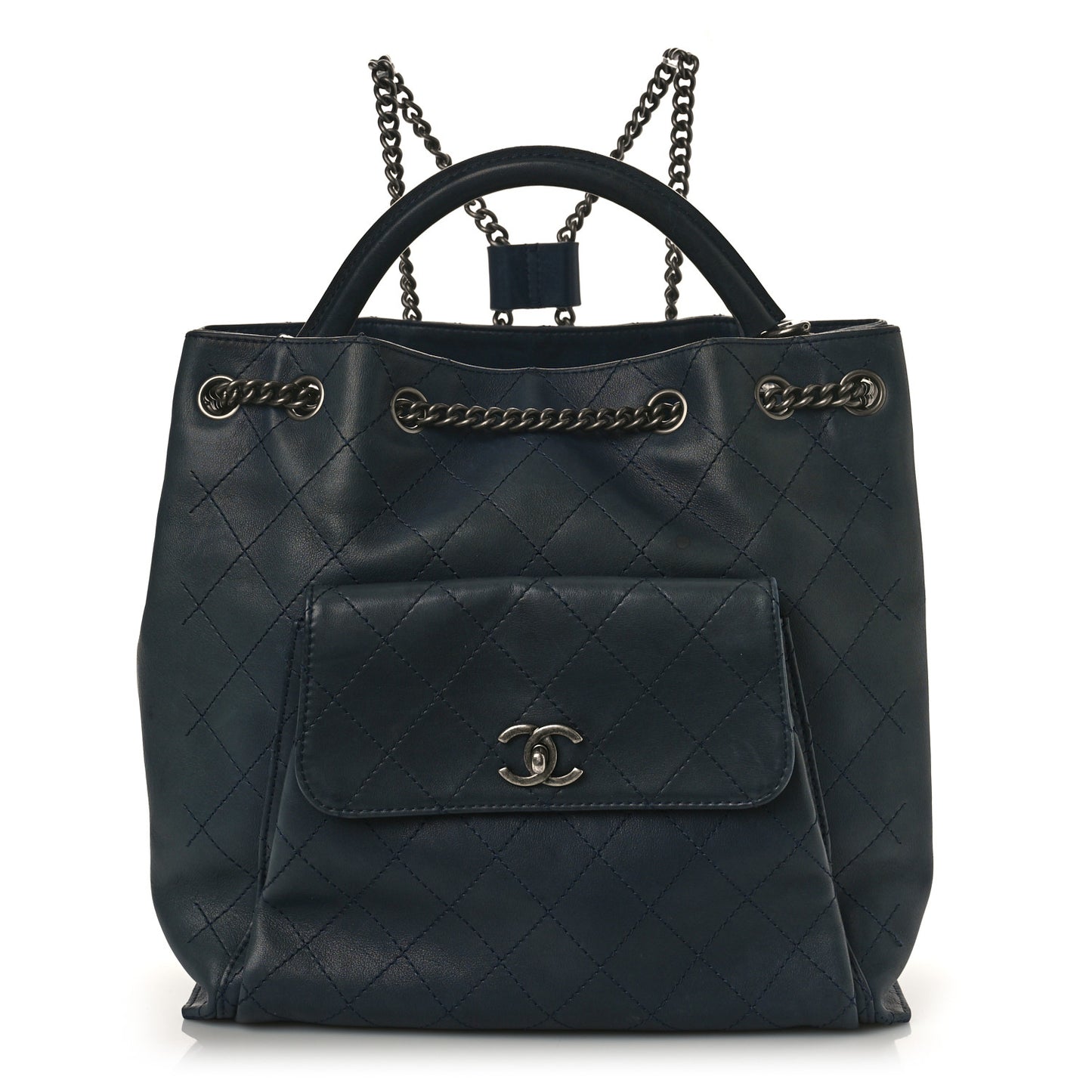 Calfskin Stitched Large Urban Luxury Drawstring Backpack Navy Blue