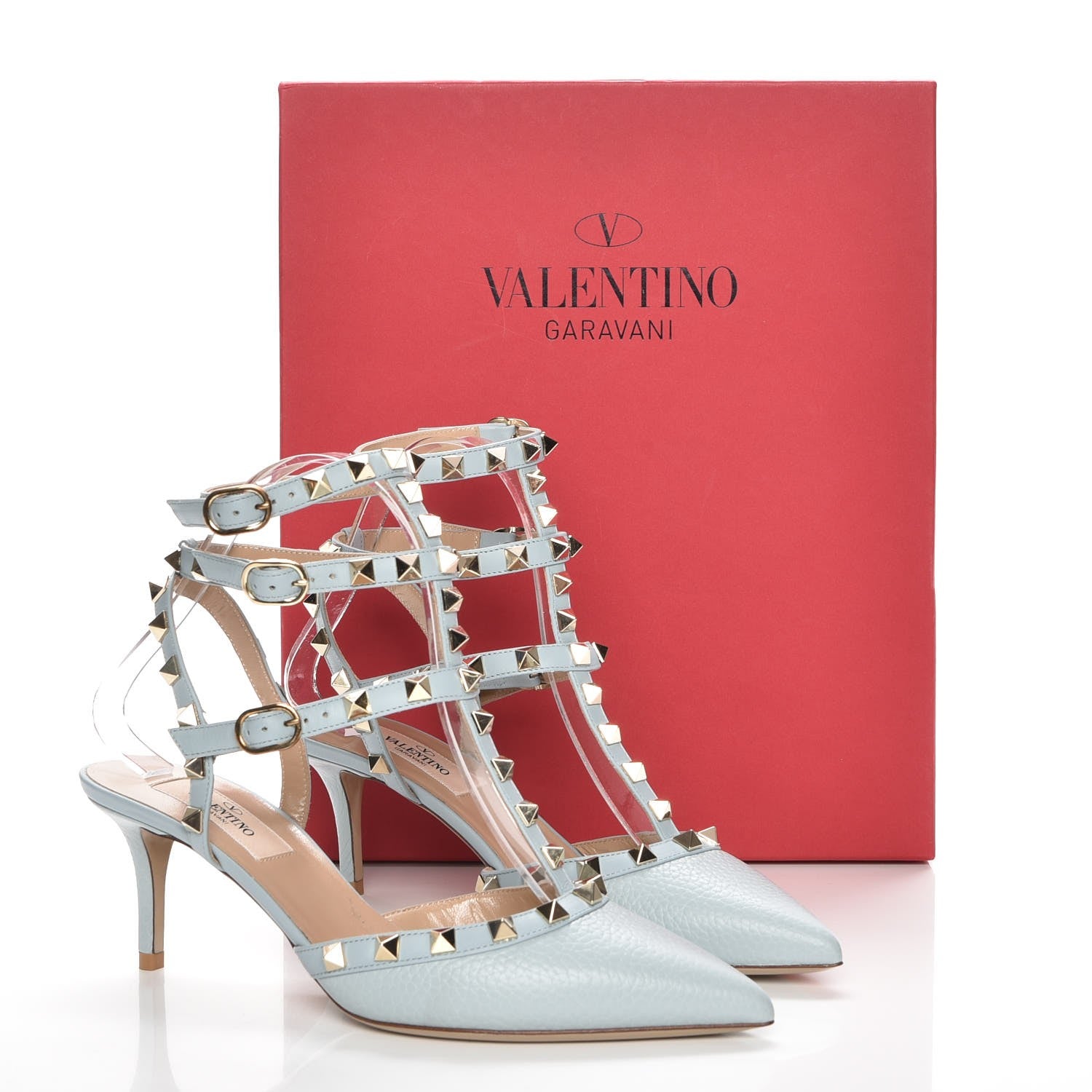 Valentino Garavani Pebbled Calfskin Rockstud Ankle Strap 65mm Pumps 36.5 Sky Sorbet 9 of 9