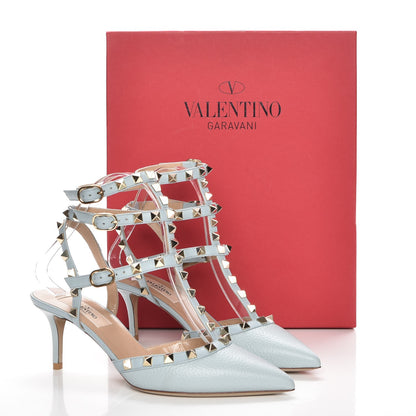 Valentino Garavani Pebbled Calfskin Rockstud Ankle Strap 65mm Pumps 36.5 Sky Sorbet 9 of 9