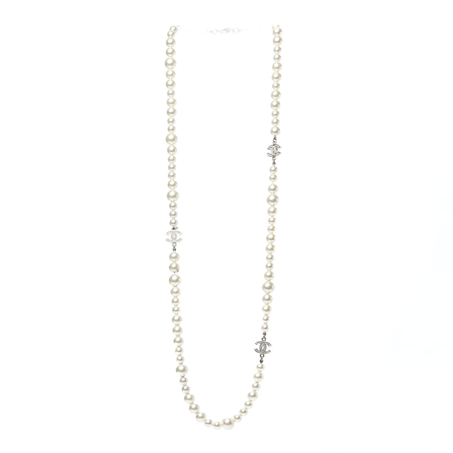 Pearl Crystal Long CC Necklace Gold