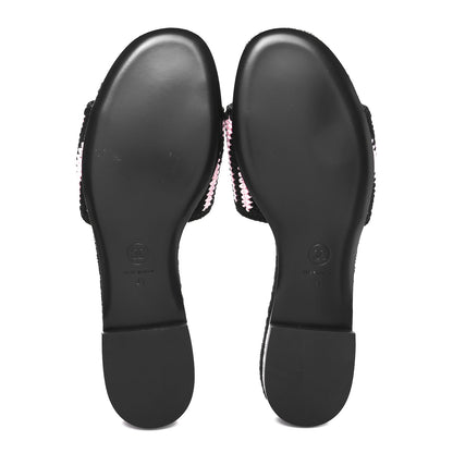 Chanel Crochet Striped Enamel Camellia Mules Sandals 41 Pink Black 5 of 9