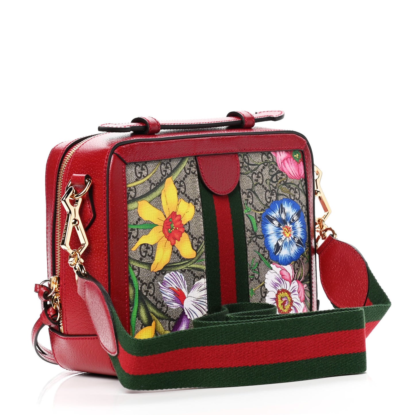 GG Supreme Monogram Flora Web Small Ophidia Top Handle Shoulder Bag Hibiscus Red
