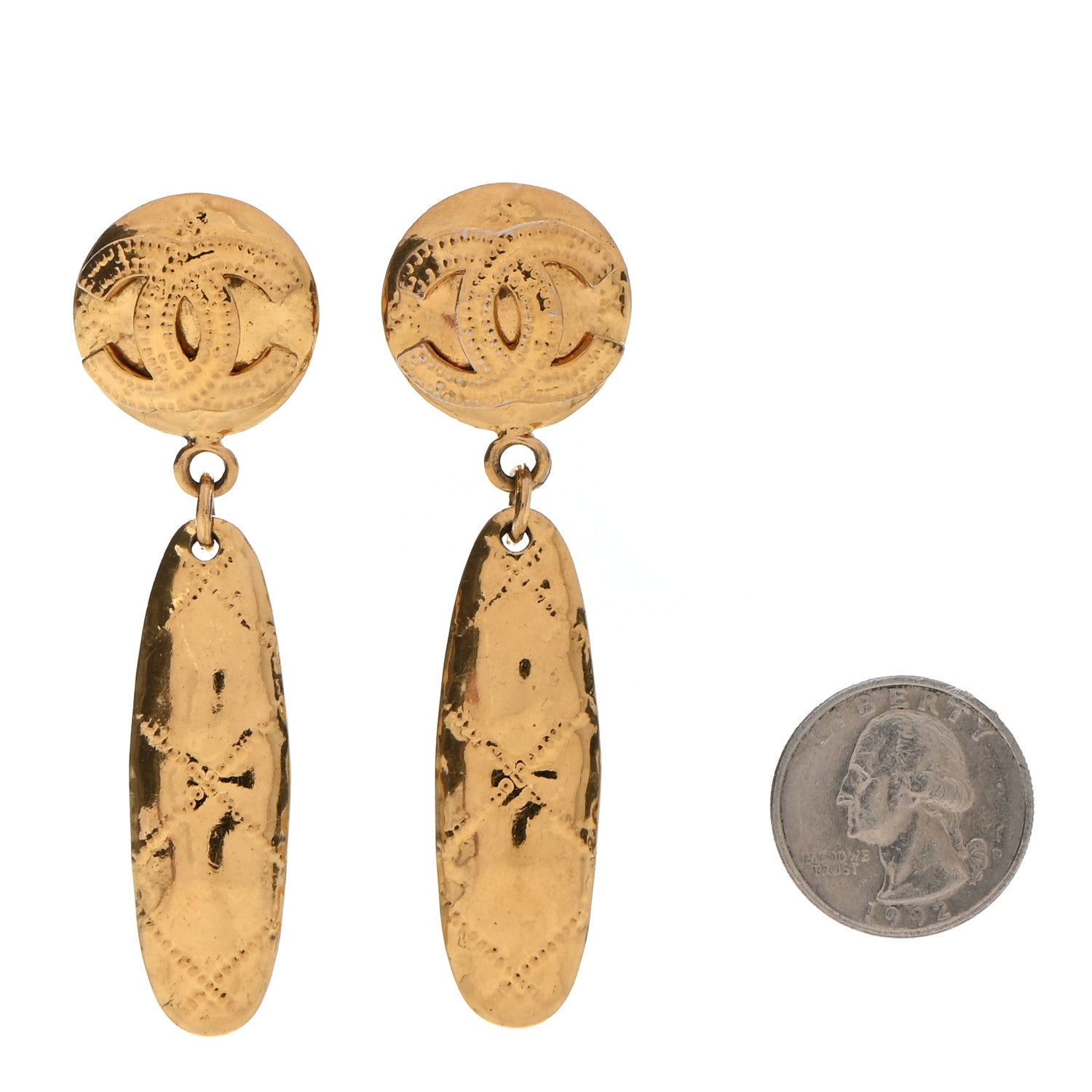 Chanel Metal CC Quilted Drop Clip On Earrings Gold 2 of 5