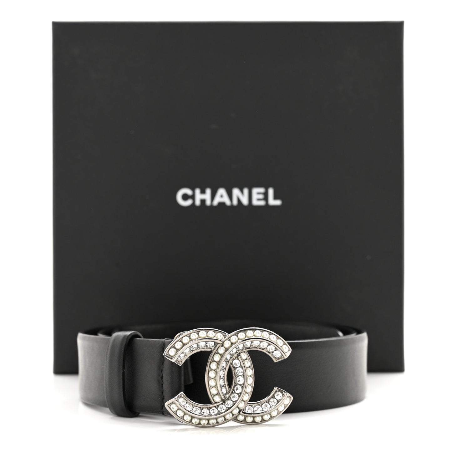 Calfskin Pearl Crystal CC Belt 90 36 Black