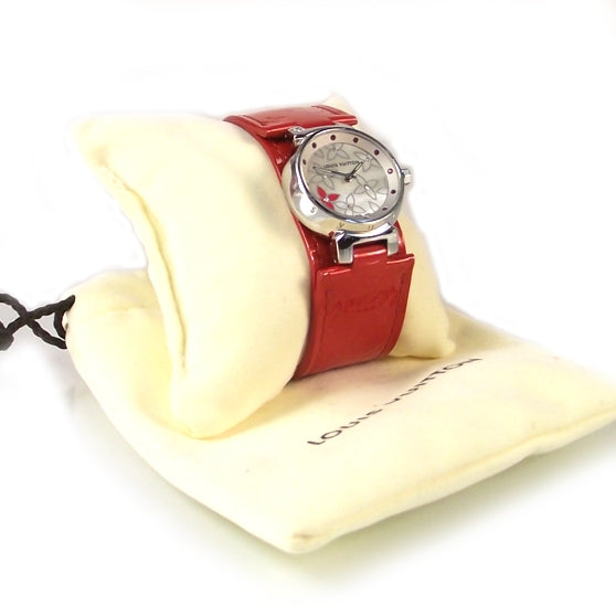 Louis Vuitton Stainless Steel Vernis Diamond Ruby Mother of Pearl 28mm Tambour Quartz Watch 3 of 7