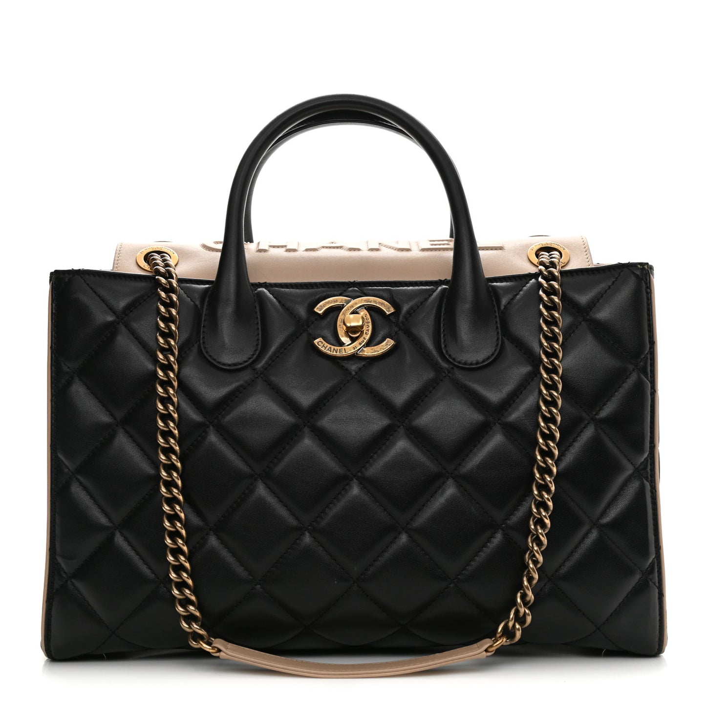 Lambskin Quilted Small Portobello Tote Black Beige