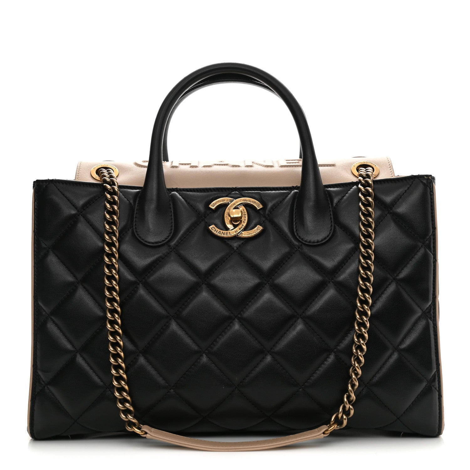 Chanel Lambskin Quilted Small Portobello Tote Black Beige 1 of 12