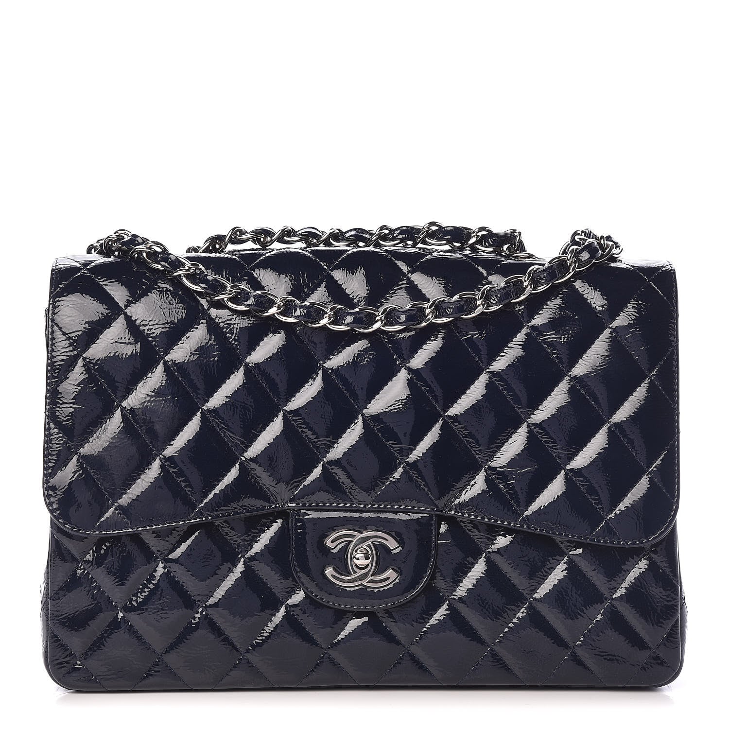 Chanel Distressed Patent Quilted Jumbo Single Flap Navy 1 of 15