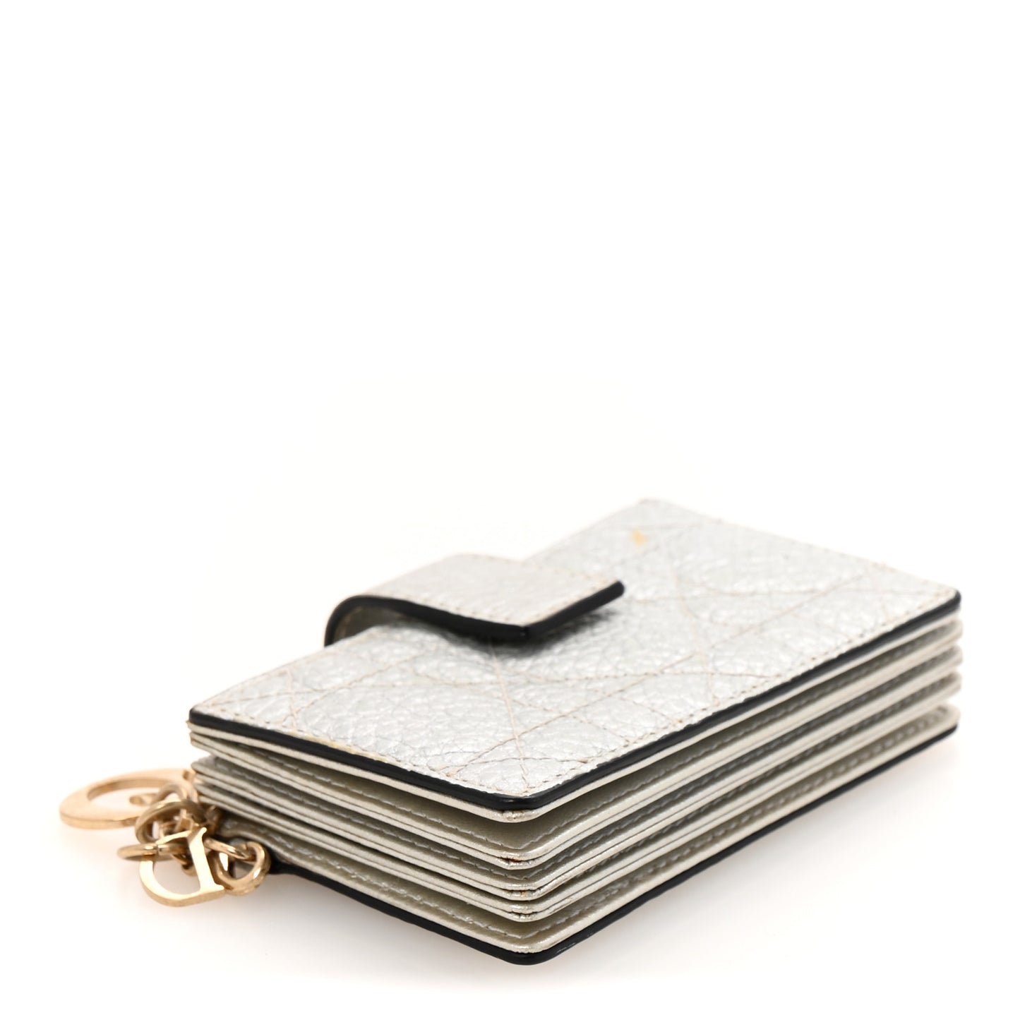 Metallic Grained Calfskin Cannage Lady Dior 5-Gusset Card Holder Silver